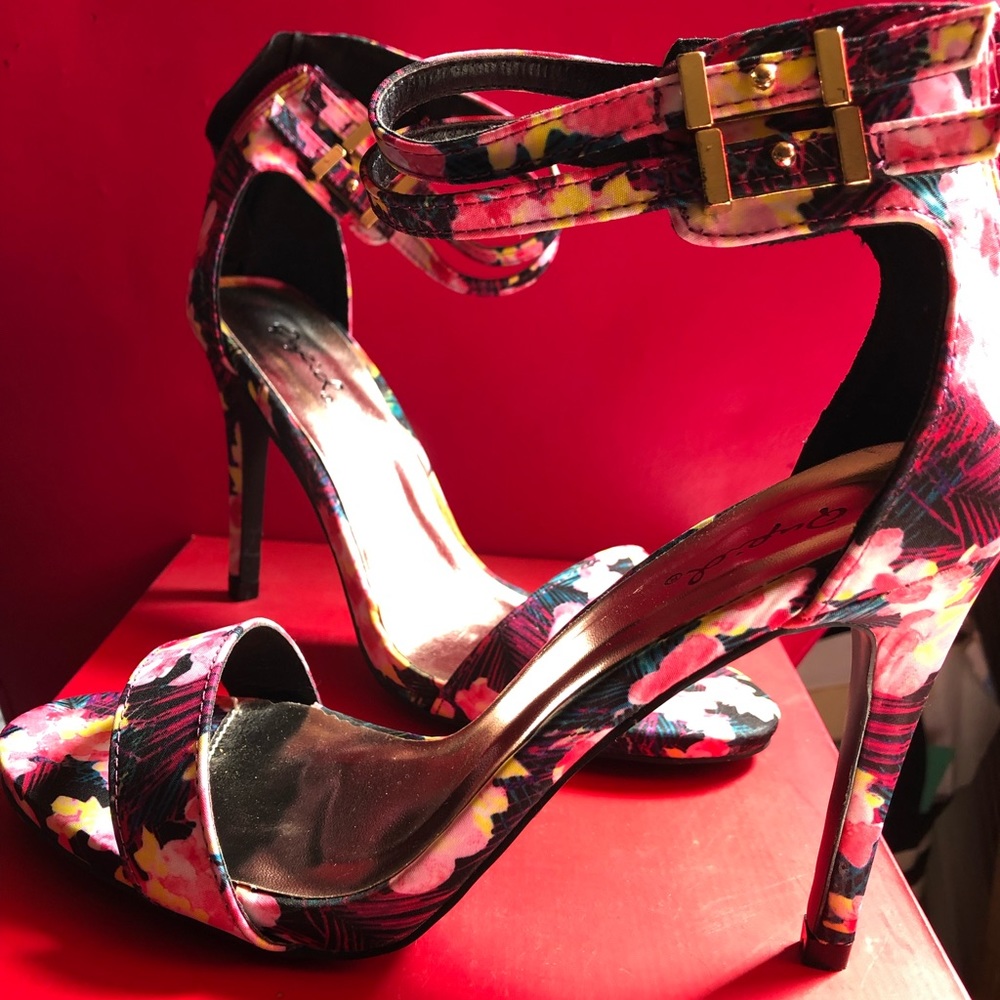 Floral ankle strap high heel sandal